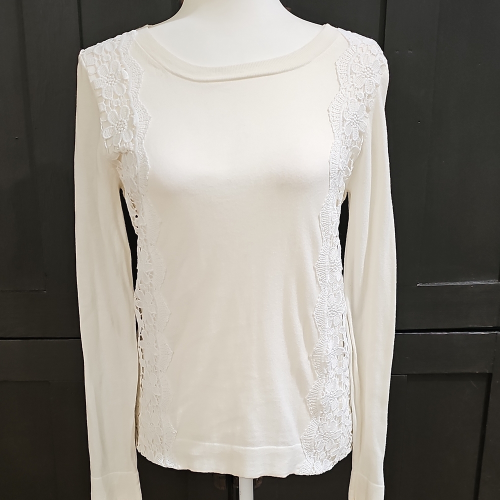 J. Crew Cream Lace-Trim Long Sleeve Top